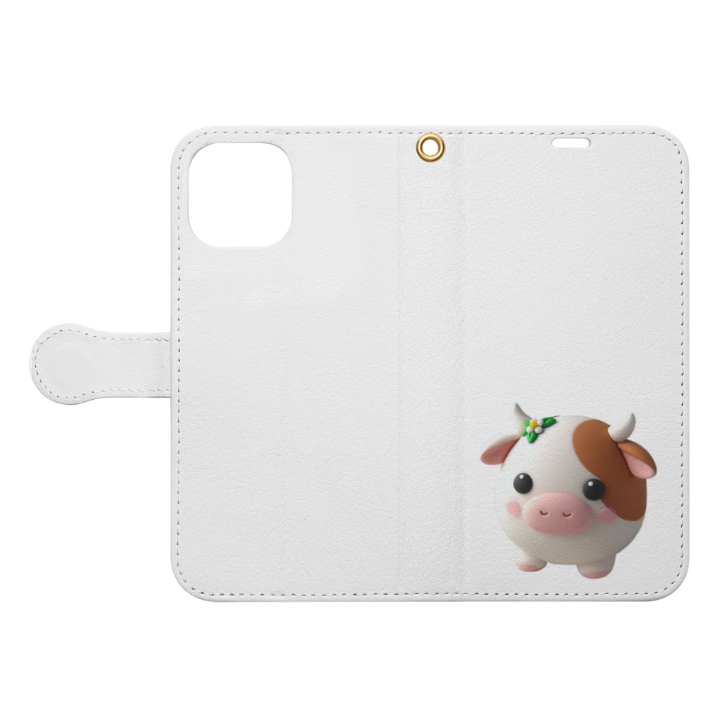 終わらない夢🌈の可愛い💕まんまる◯シリーズ✨　牛🐮 手帳型スマホケースを開いた場合(外側)