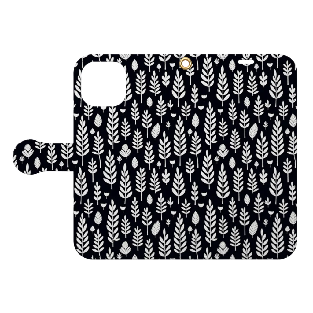 akn_suzuriの黒の北欧柄デザイン Book-Style Smartphone Case:Opened (outside)