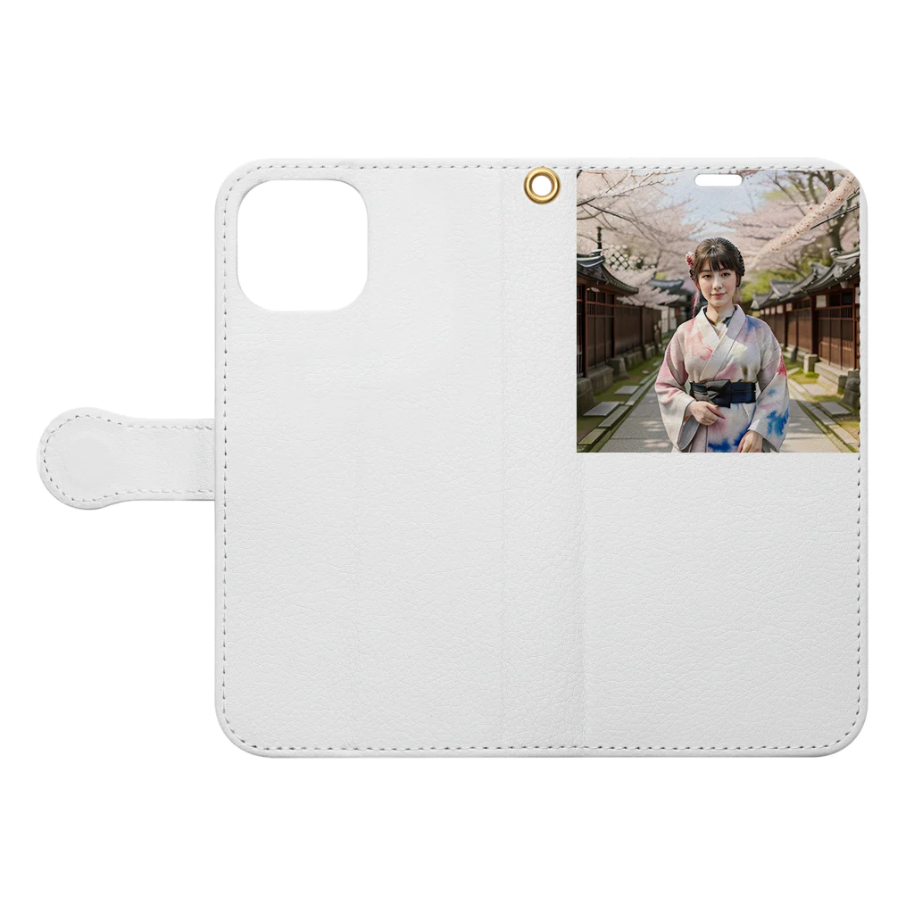 あかいはちの日本の寺に咲く桜 Book-Style Smartphone Case:Opened (outside)