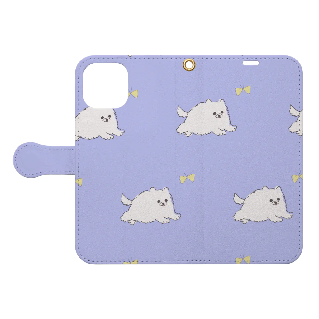 F_Illust_shopのモッフモフの白ぽめちゃん　蝶々を追いかける Book-Style Smartphone Case:Opened (outside)