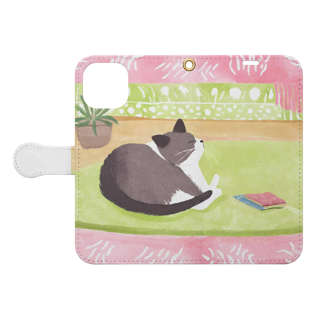 くつろぎ堂☆ネコにゃん☆イヌわんのくつろぎキャットグレー Book-Style Smartphone Case:Opened (outside)