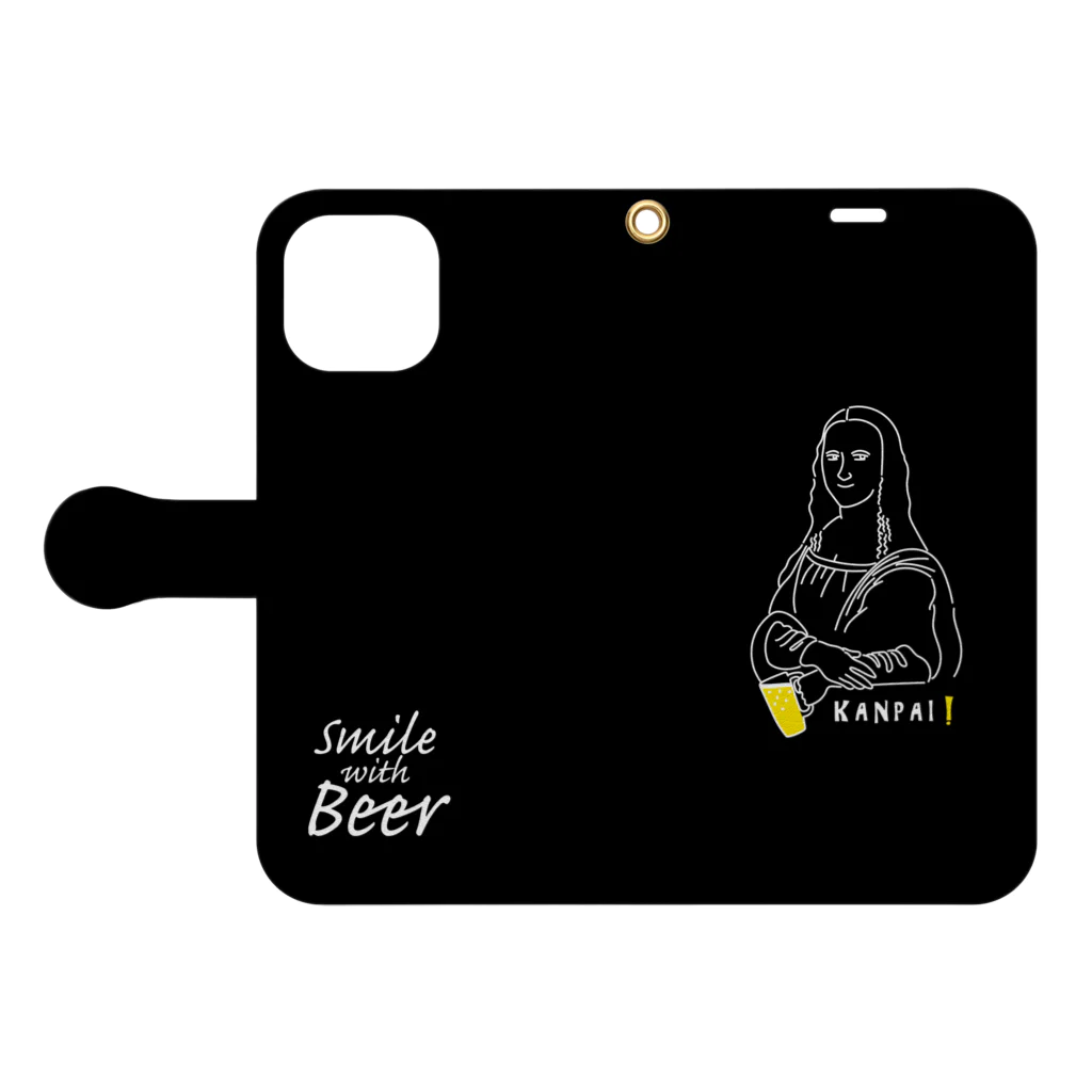 ビールとアート TM-3 Designの名画 × BEER（モナ・リザ）白線画-ブラック 手帳型スマホケースを開いた場合(外側)