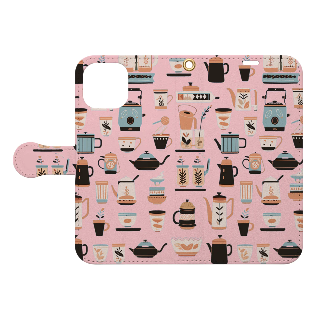 rinnekotiのcoffee pot (pink) Book-Style Smartphone Case:Opened (outside)