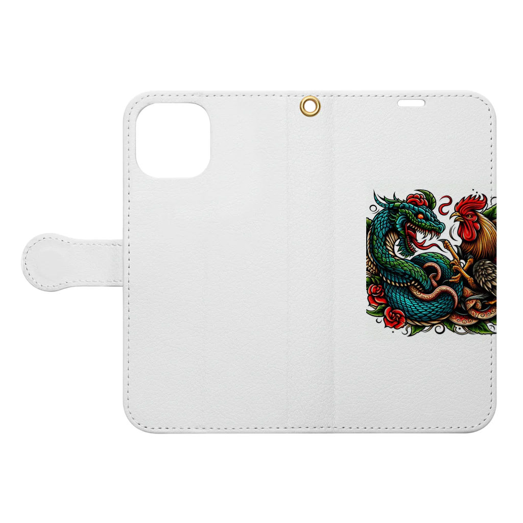 mitsu_tattooの鶏と蛇の喧嘩 Book-Style Smartphone Case:Opened (outside)