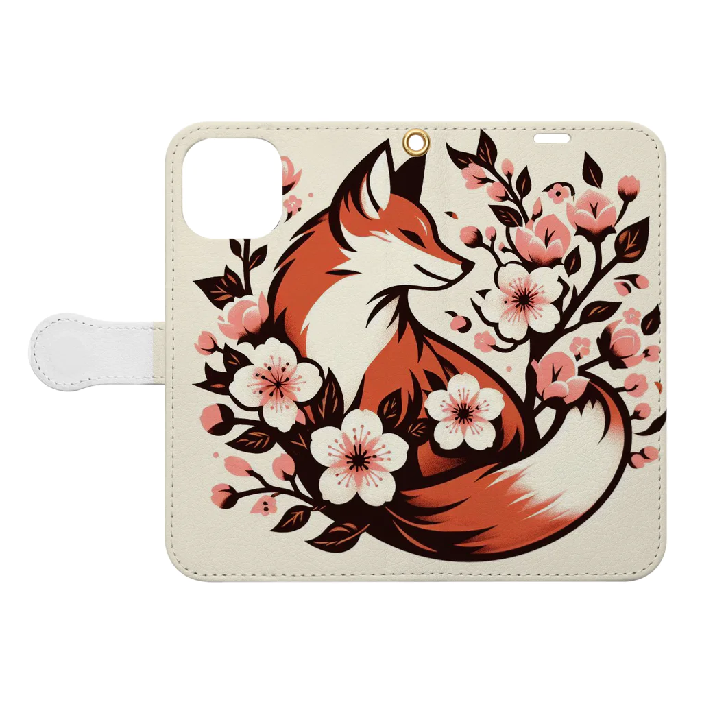 bigbamboofamilyの和×桜×狐(背景ありVer.) Book-Style Smartphone Case:Opened (outside)
