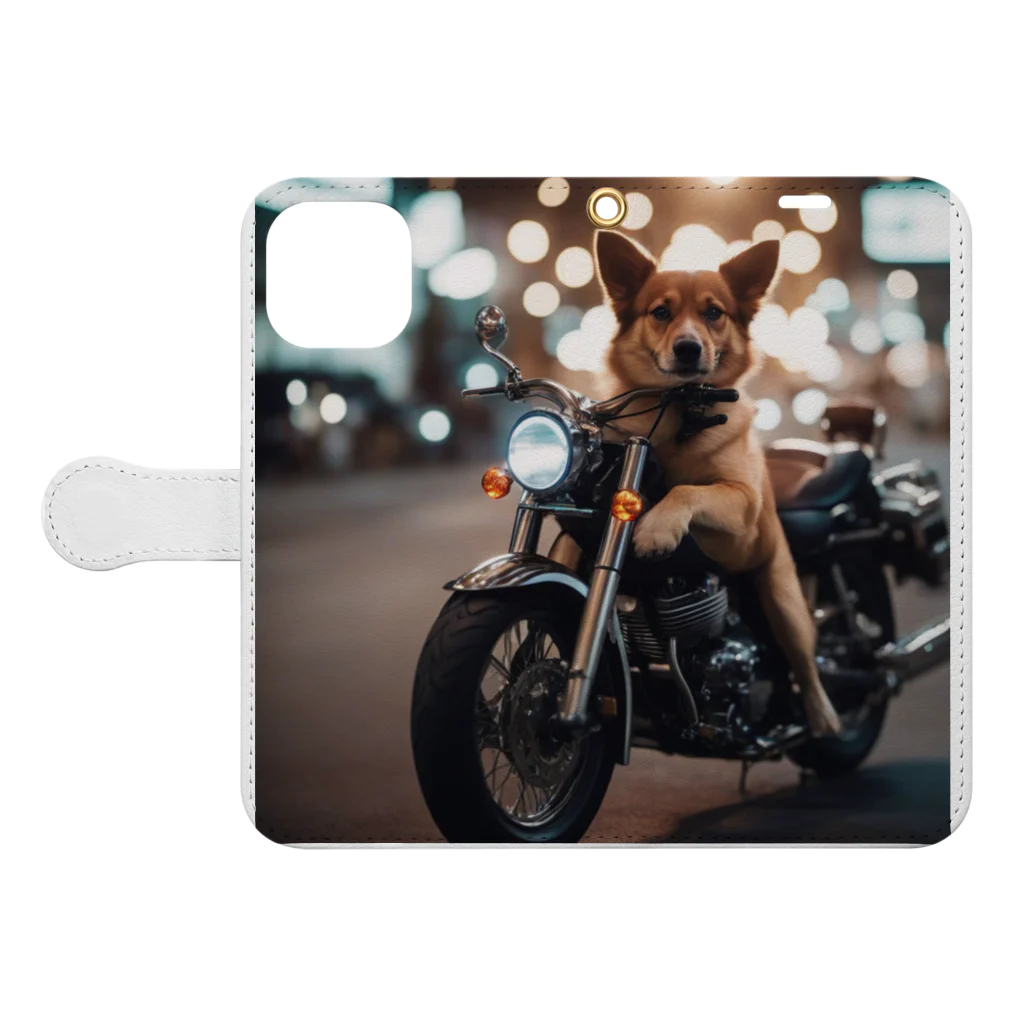 くろねこの雑貨屋のバイクに乗っているワンちゃん Book-Style Smartphone Case:Opened (outside)