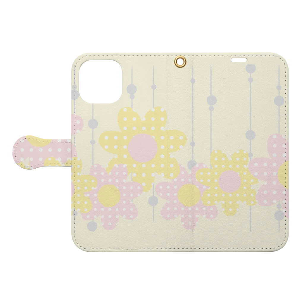 kazeou（風王）のレトロ風花(ドット)黄・ピンク横 Book-Style Smartphone Case:Opened (outside)