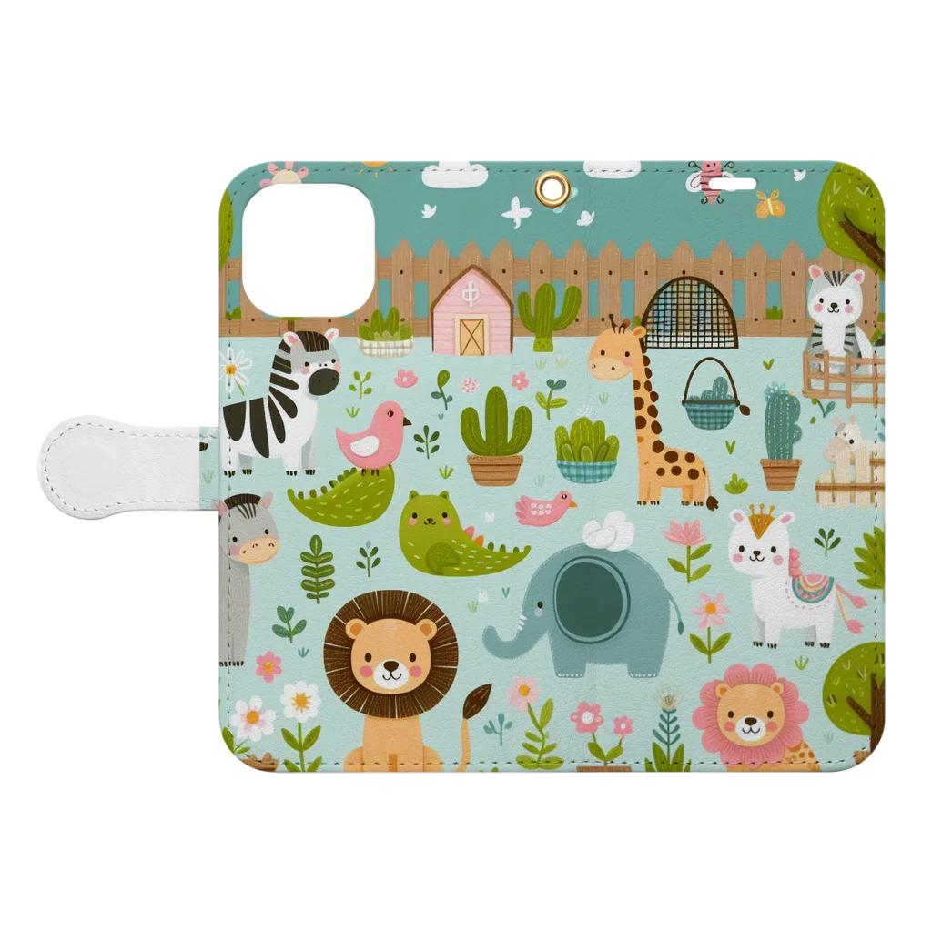 ニューライフマサラショップのワクワク動物園の愉快な仲間たち♪ Book-Style Smartphone Case:Opened (outside)