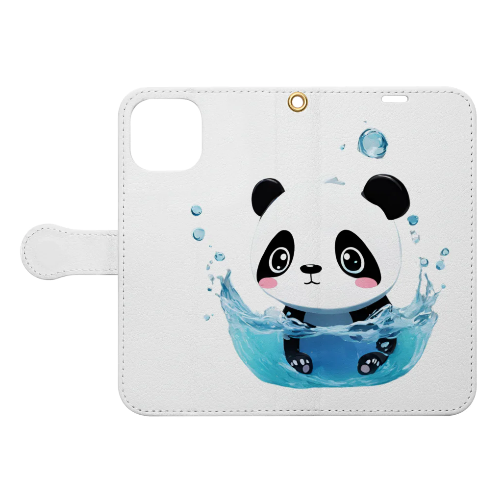 waterpandaの水に落ちるパンダ 手帳型スマホケースを開いた場合(外側)