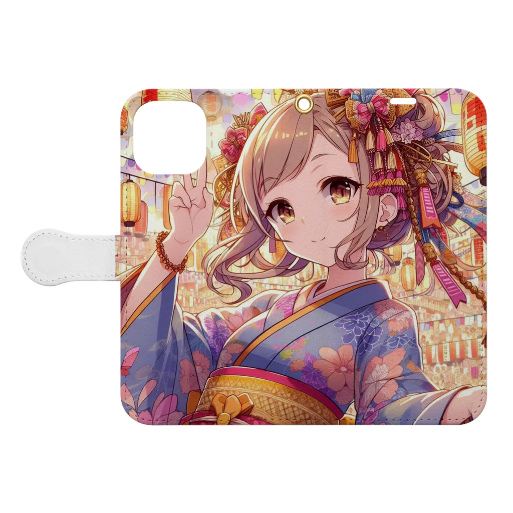 推しの美少女とアイドルのお祭りを楽しむ浴衣美少女 Book-Style Smartphone Case:Opened (outside)