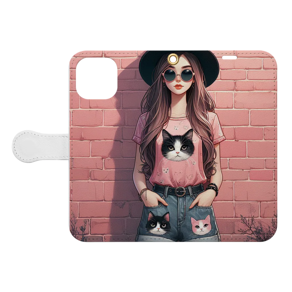 SaltyCookie Design Worksの猫好きの女の子のファッション(1) Book-Style Smartphone Case:Opened (outside)