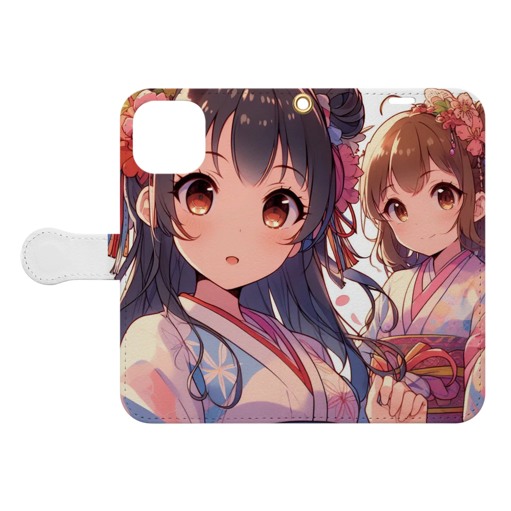 推しの美少女とアイドルの和服が似合う美人姉妹 Book-Style Smartphone Case:Opened (outside)