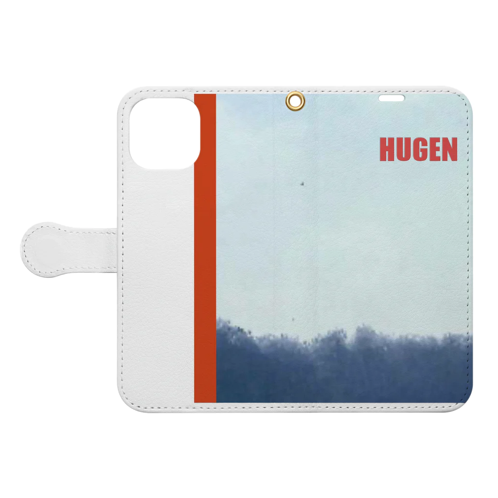 HUGENオフィシャルグッズのHUGEN #1 手帳型スマホケースを開いた場合(外側)