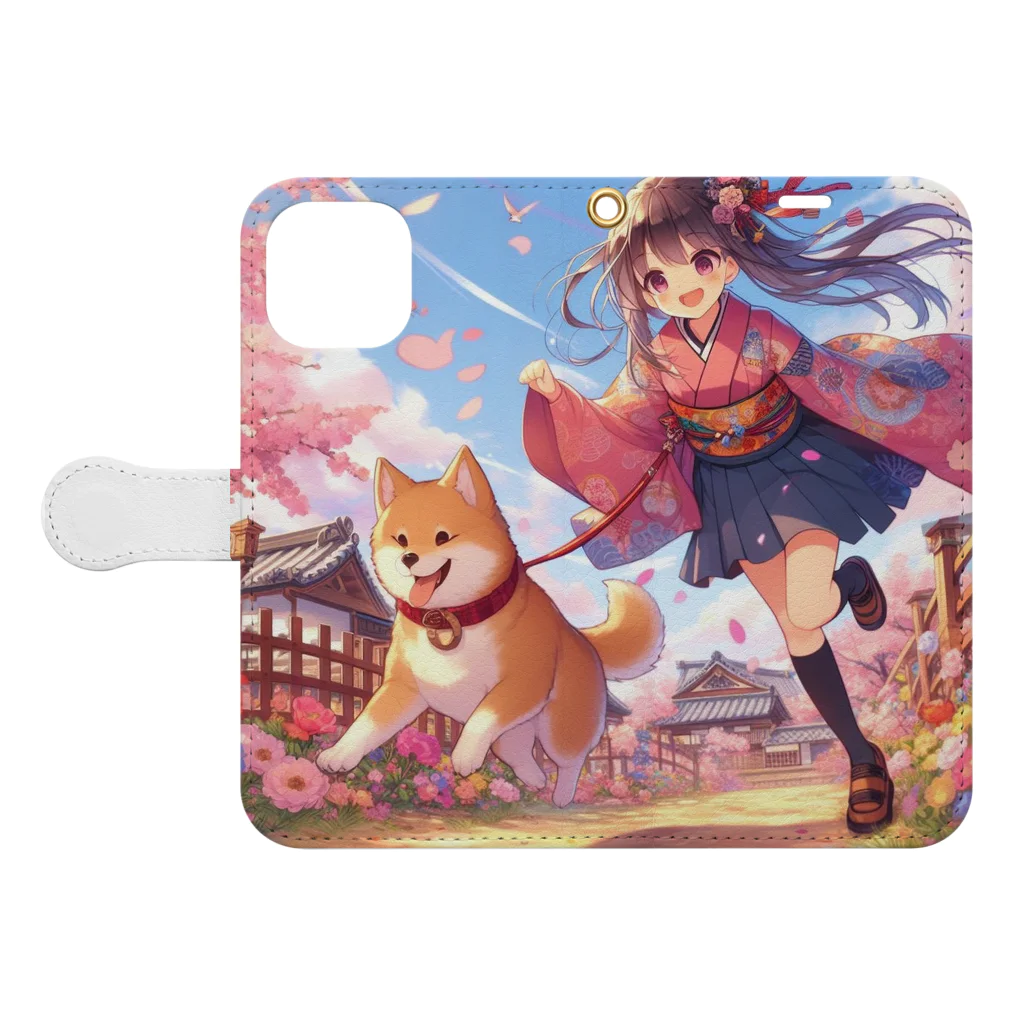 推しの美少女とアイドルの桜の中を犬と走る女の子 Book-Style Smartphone Case:Opened (outside)