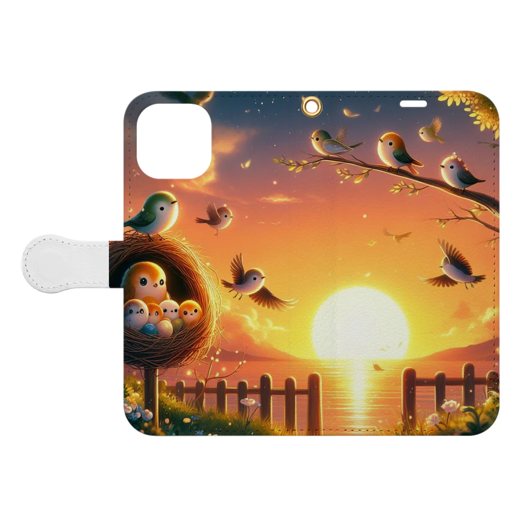 Animal Canvas Collectionの夕焼け小焼けの森の小鳥 Book-Style Smartphone Case:Opened (outside)