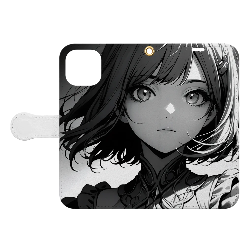 Relaxing Beatsのモノクロ美少女 Book-Style Smartphone Case:Opened (outside)