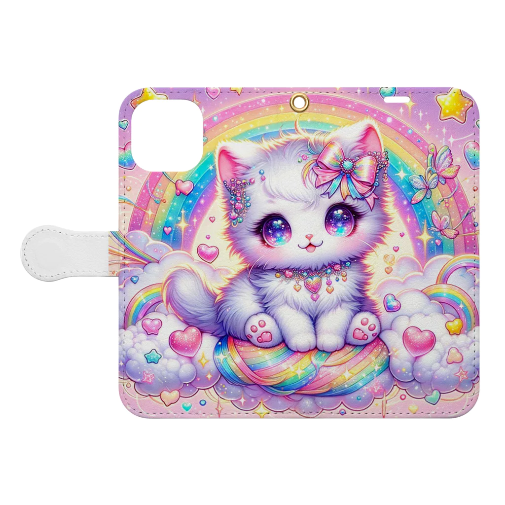 黒猫のluna　SUZURI支店のゆめかわ白にゃんこ(AI) Book-Style Smartphone Case:Opened (outside)