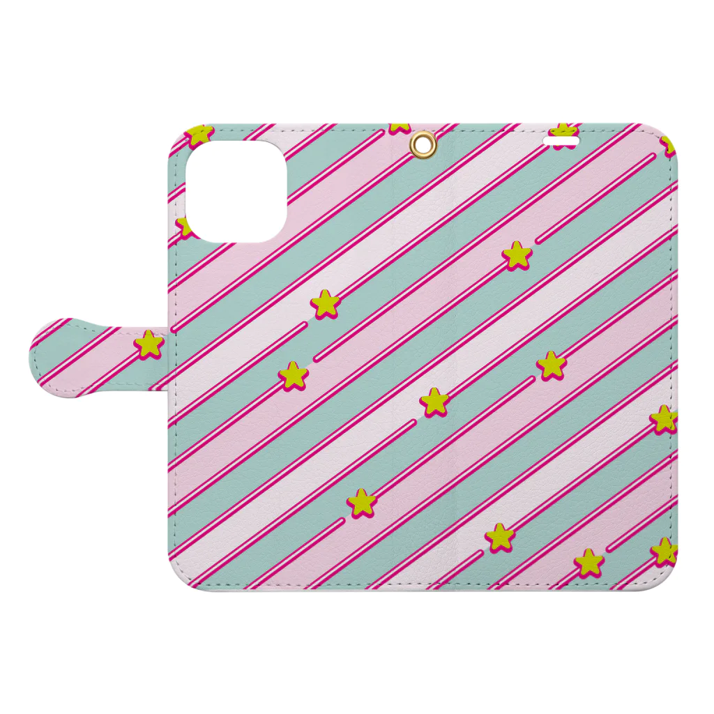 Ribbon-Heartの80年代風スター＆ストライプ柄アイテム Book-Style Smartphone Case:Opened (outside)