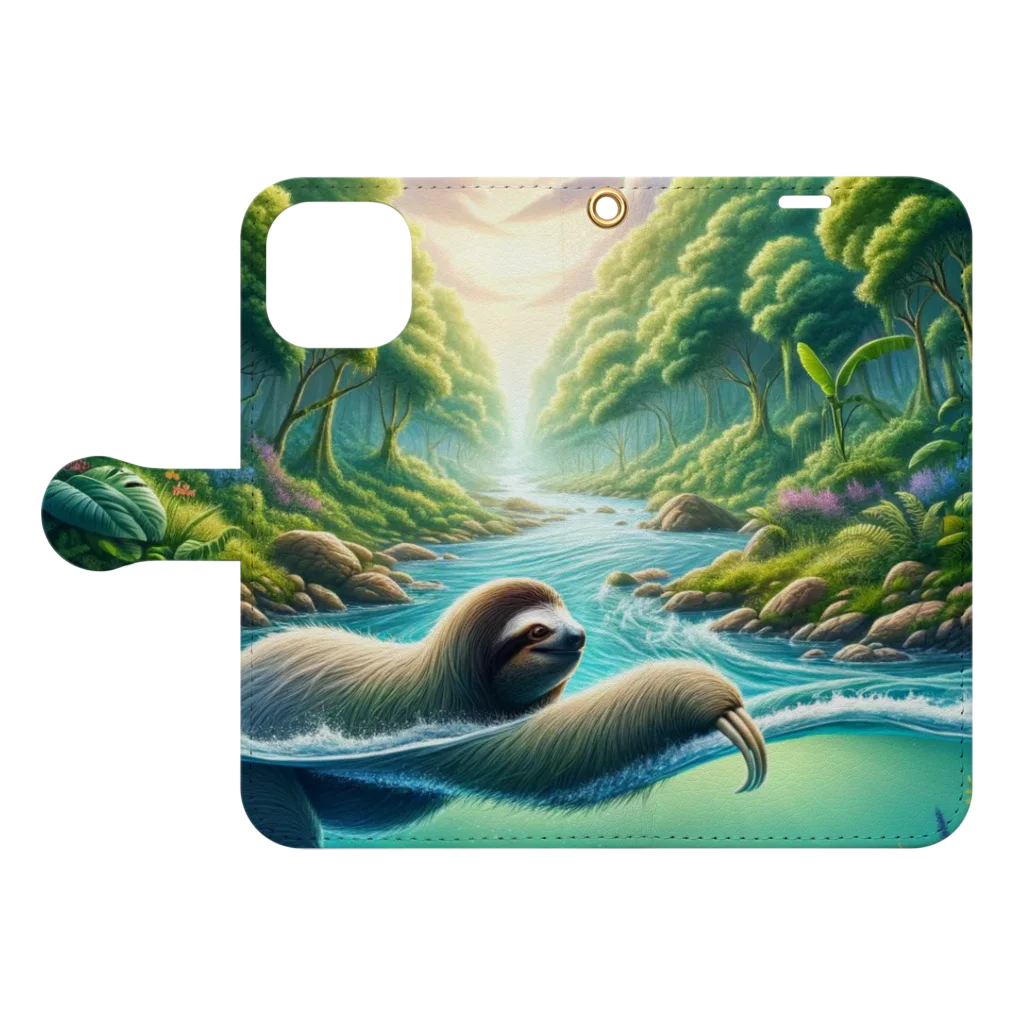 k.a.u.j.7の時間の流れを象徴する川の中でゆったりと泳ぐ、ナマケモノの姿🌿 Book-Style Smartphone Case:Opened (outside)