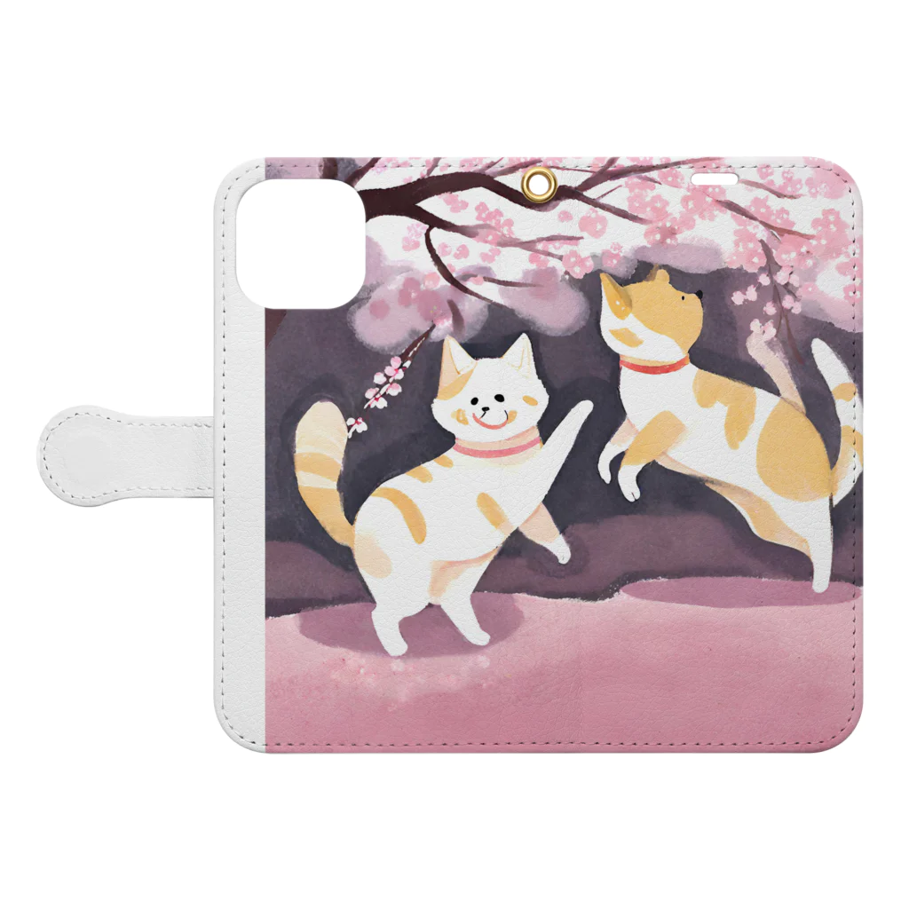 Shironekokuuの桜で遊ぶ犬と猫 Book-Style Smartphone Case:Opened (outside)