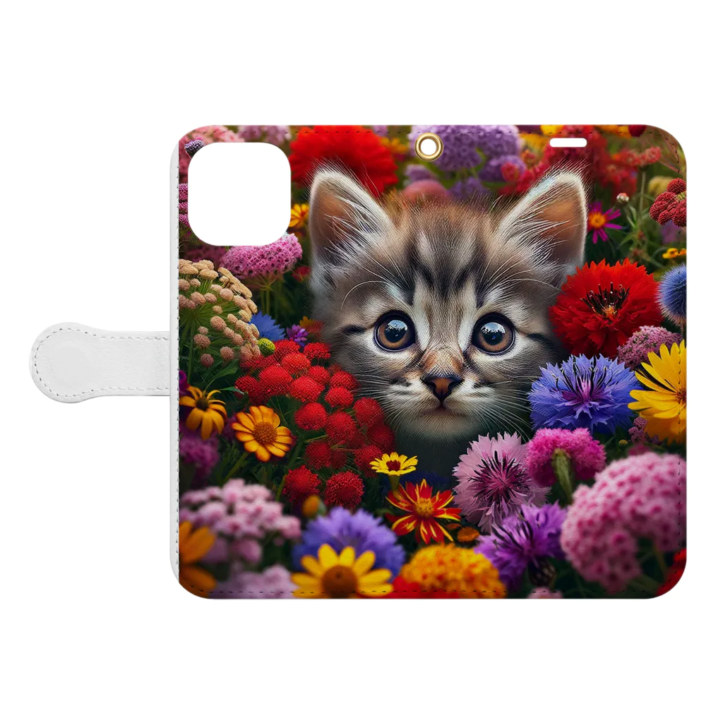 IloveCatの子猫と色とりどりの花畑 Book-Style Smartphone Case:Opened (outside)