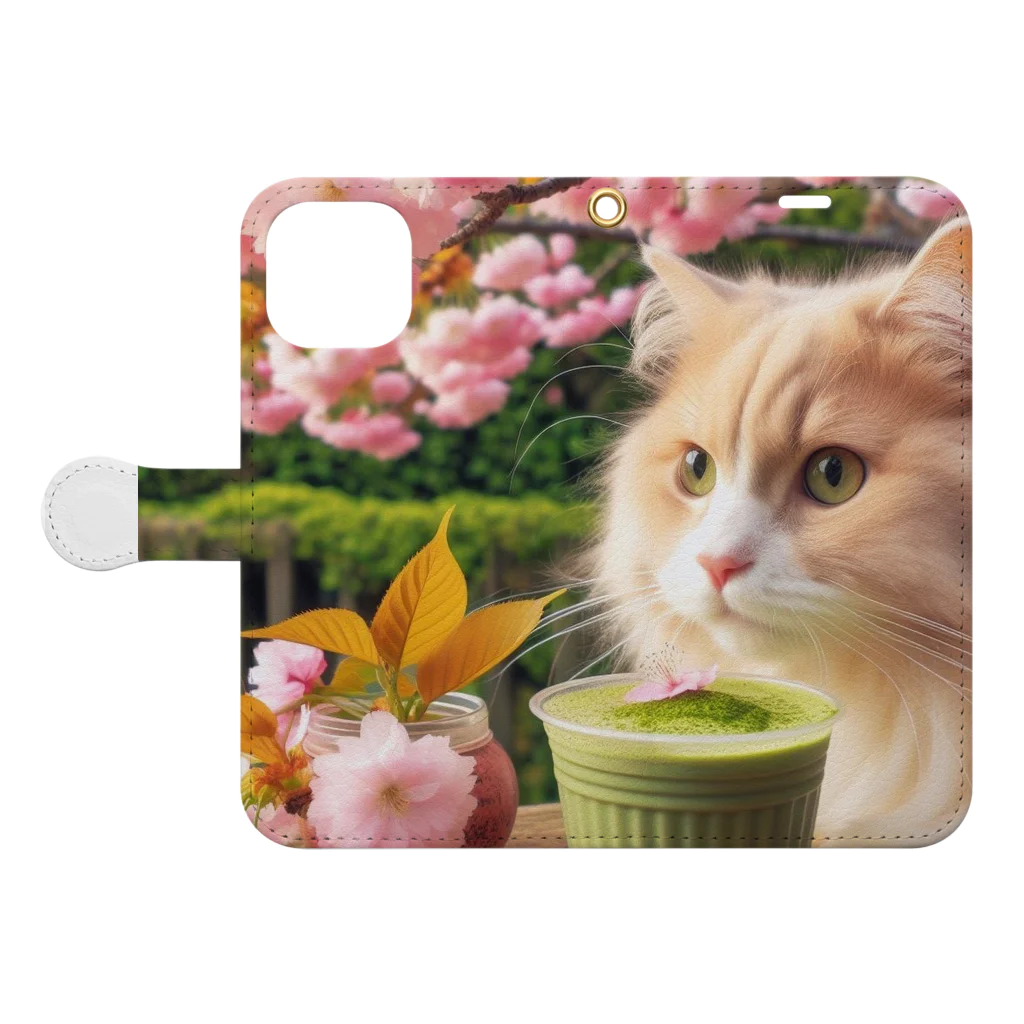 猫と紡ぐ物語の春の訪れを告げる桜満開 Book-Style Smartphone Case:Opened (outside)