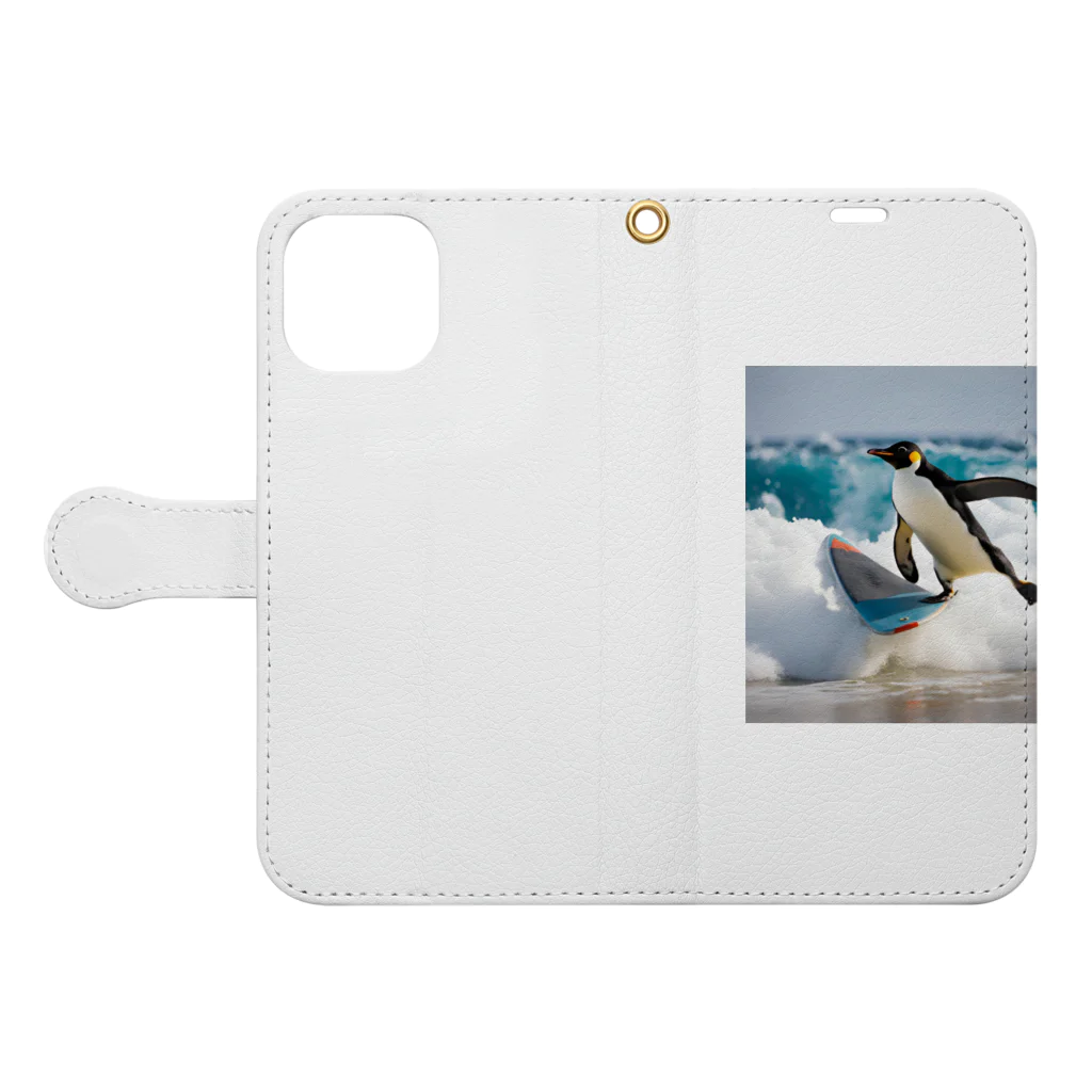 hakumenhonのサーフィンするペンギン Book-Style Smartphone Case:Opened (outside)