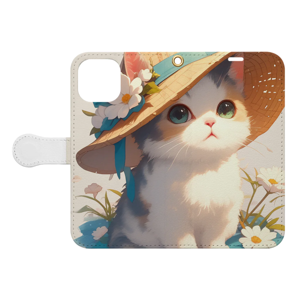 AQUAMETAVERSEの帽子をかぶった可愛い子猫 Marsa 106 Book-Style Smartphone Case:Opened (outside)