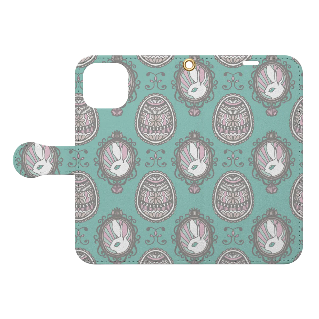 tettetextileのイースターラビット_green Book-Style Smartphone Case:Opened (outside)