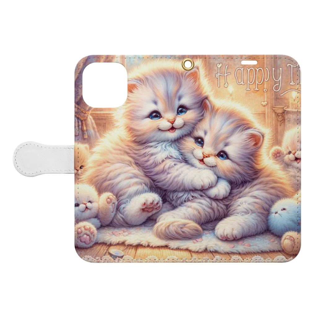 Yuya-Naganoの仲良く遊ぶ兄弟の猫 Book-Style Smartphone Case:Opened (outside)