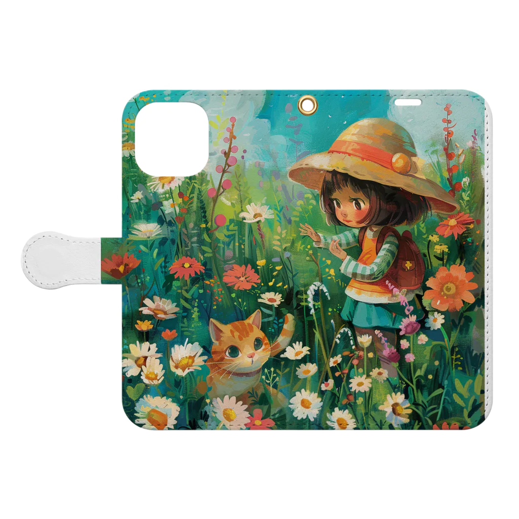 AQUAMETAVERSEのお花畑に囲まれる猫ちゃんと私 アメジスト 2846 Book-Style Smartphone Case:Opened (outside)