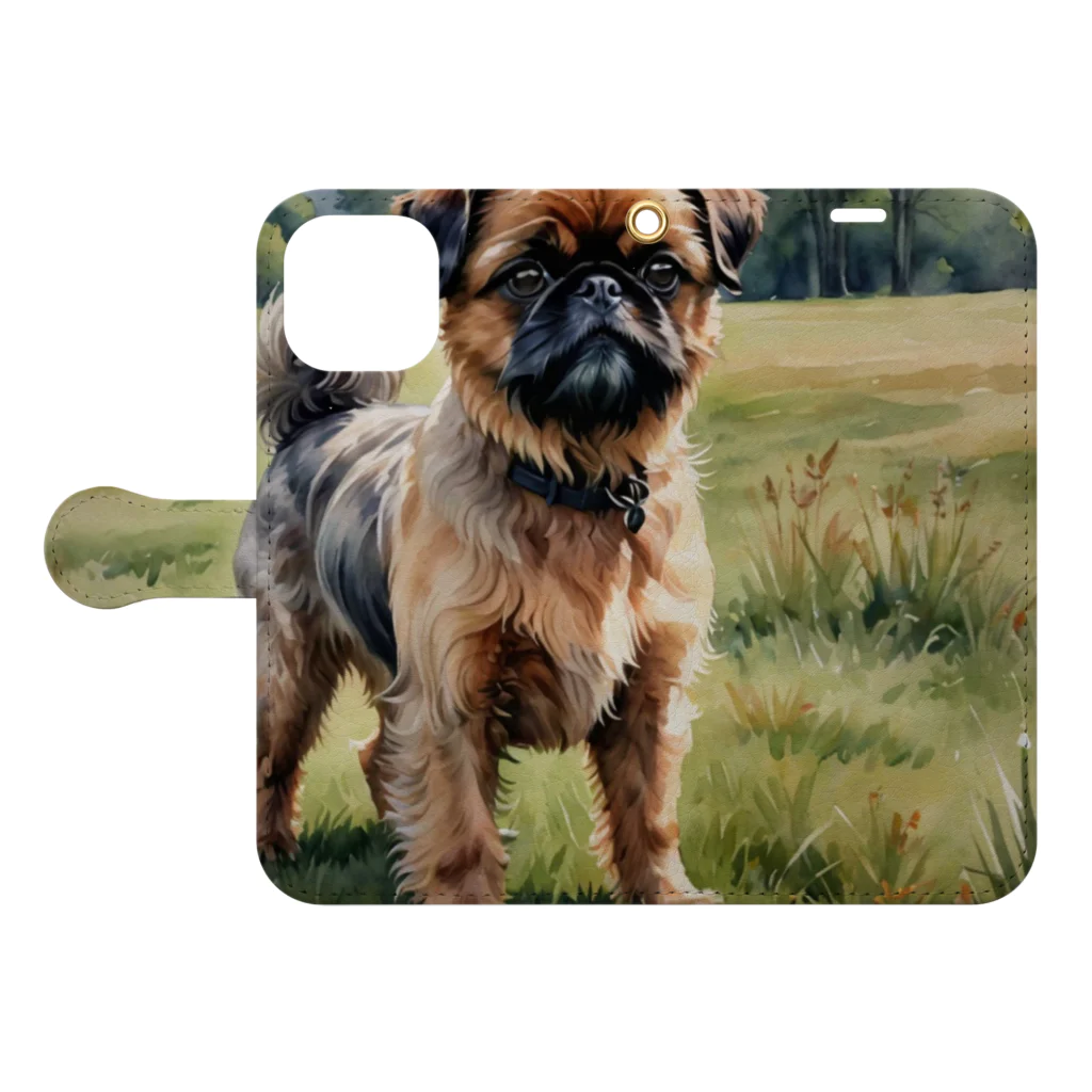 Animal Illustration shopのブリュッセル・グリフォン　Brussels Griffon　水彩画風 手帳型スマホケースを開いた場合(外側)