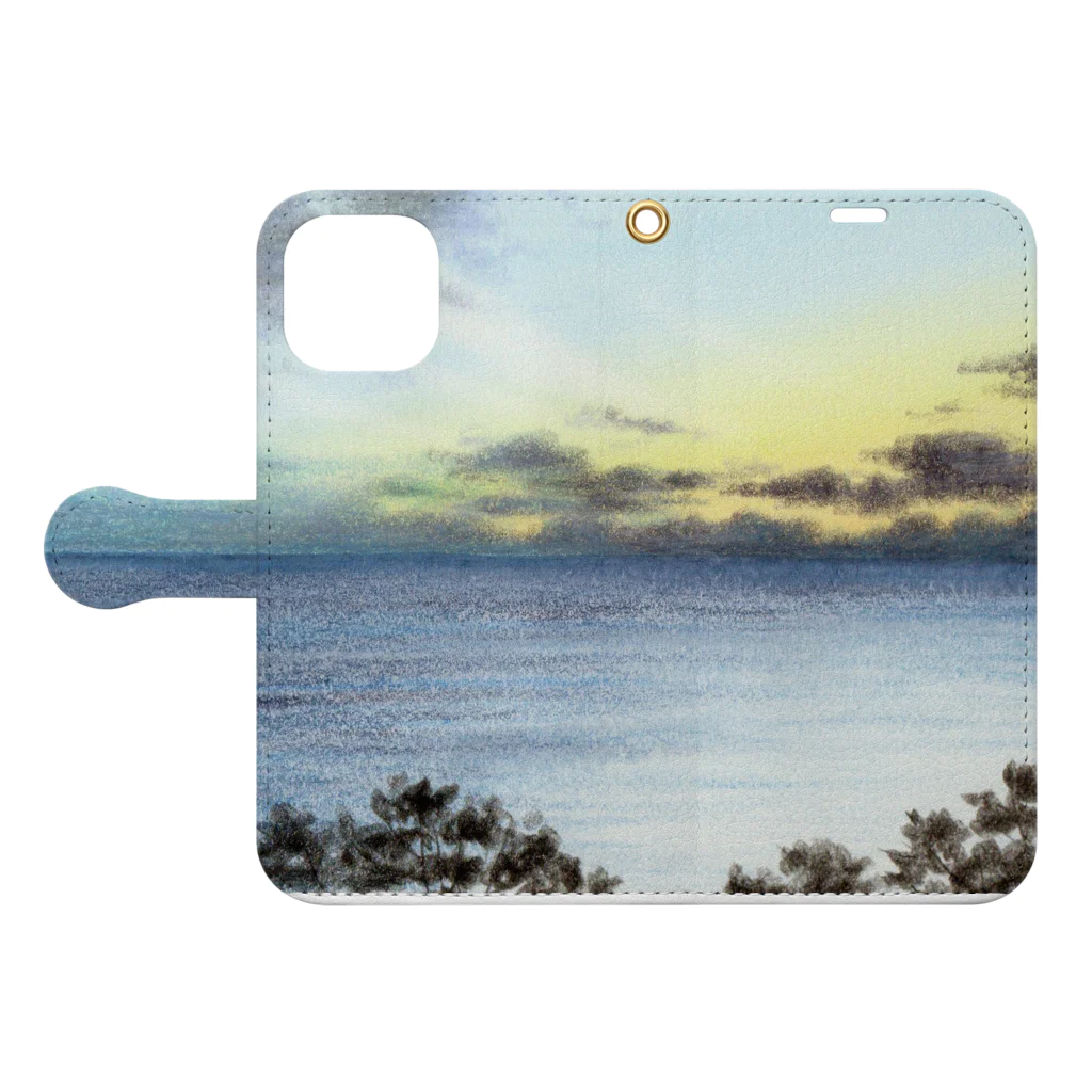水彩色鉛筆チャンネルの夕暮れの海（水彩色鉛筆画） 手帳型スマホケースを開いた場合(外側)