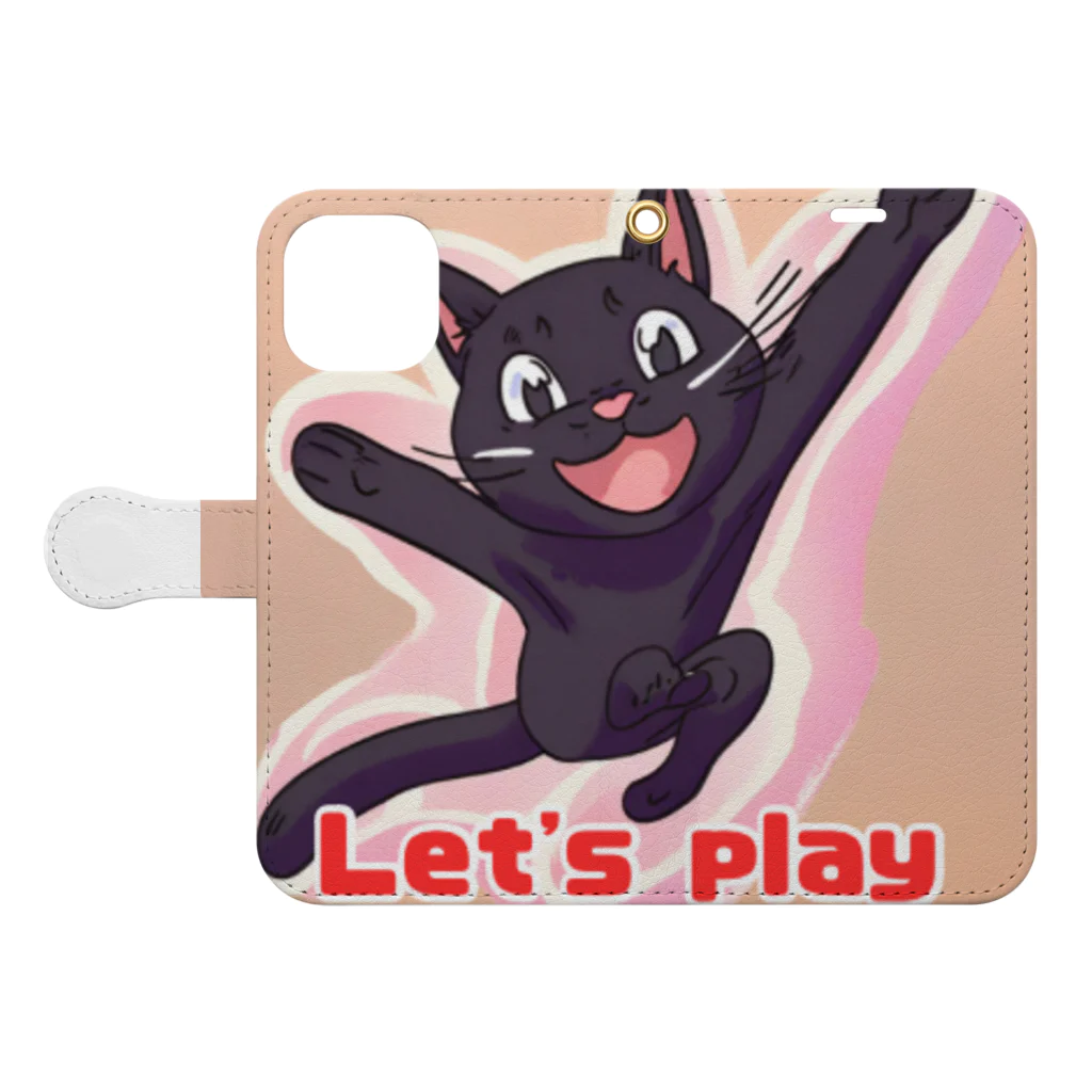 黒猫 亞里栖の黒猫と遊ぼう！ 手帳型スマホケースを開いた場合(外側)