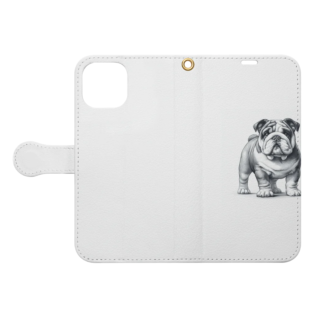 鼻ぺちゃ犬と和猫のかわいいブルドッグ Book-Style Smartphone Case:Opened (outside)