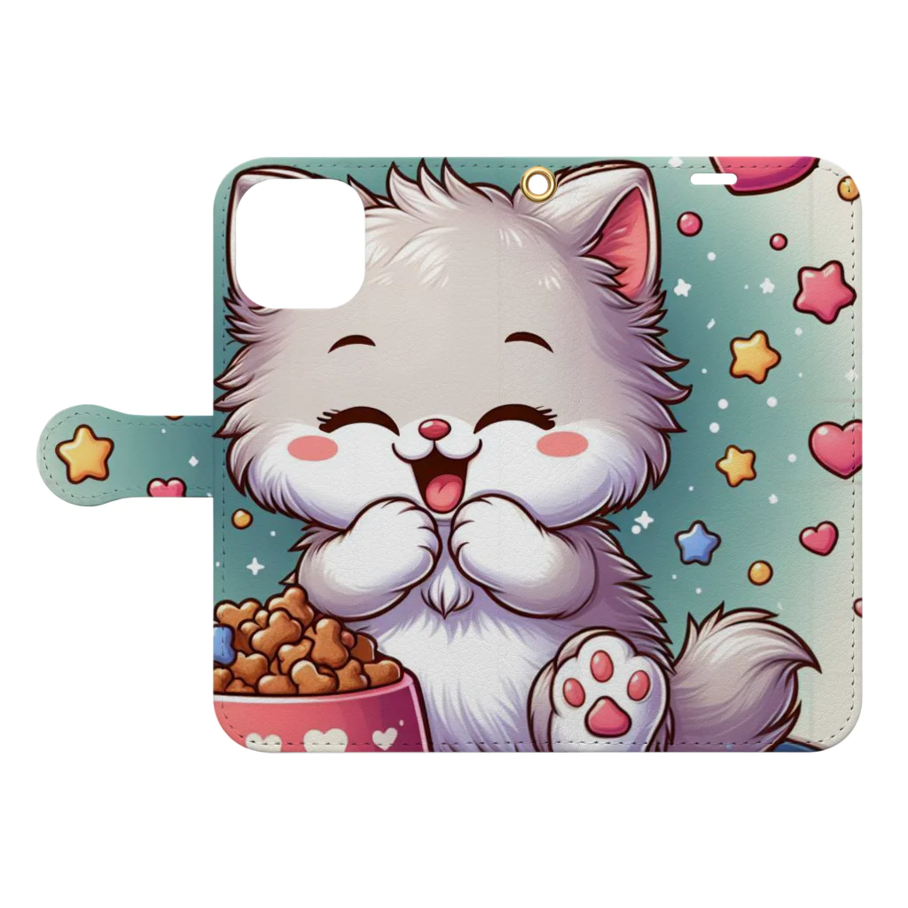 Hinyamiの仔猫のお食事time🩷 ̖́- Book-Style Smartphone Case:Opened (outside)