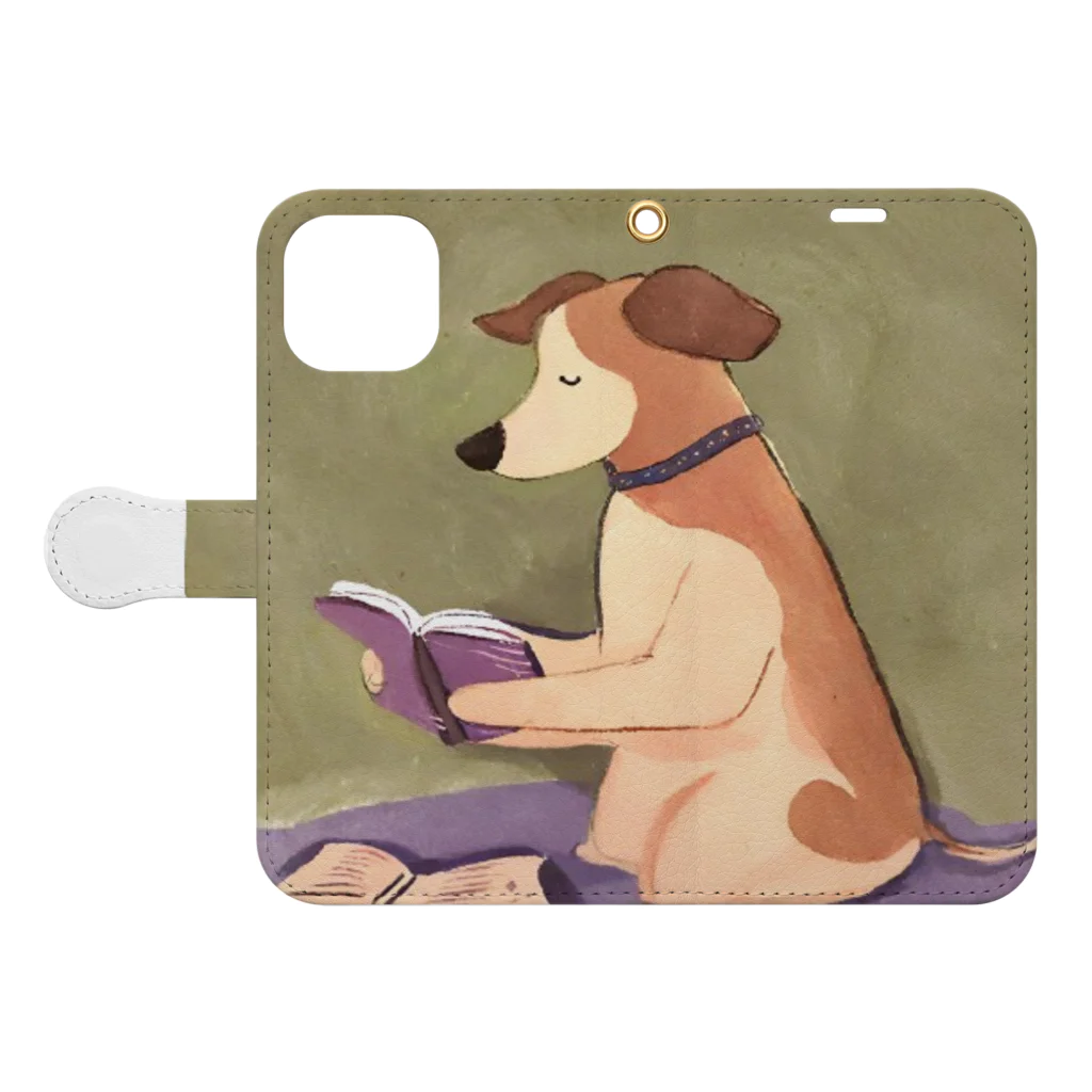 人間界で生きるわんこ | 犬イラストの本を読むわんこ（AIイラスト） Book-Style Smartphone Case:Opened (outside)