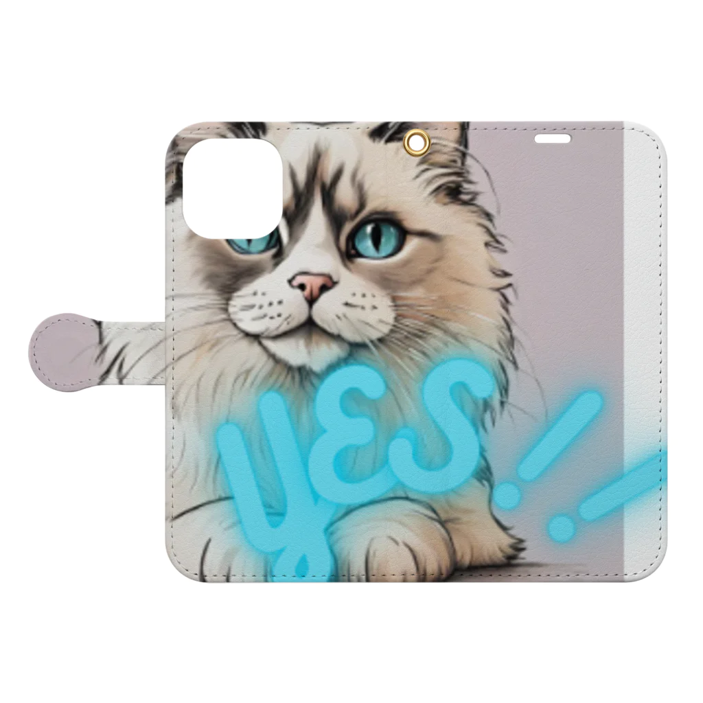 yae_8の猫　YES！！　おしゃれで前向きっぽい日常アイテム 手帳型スマホケースを開いた場合(外側)