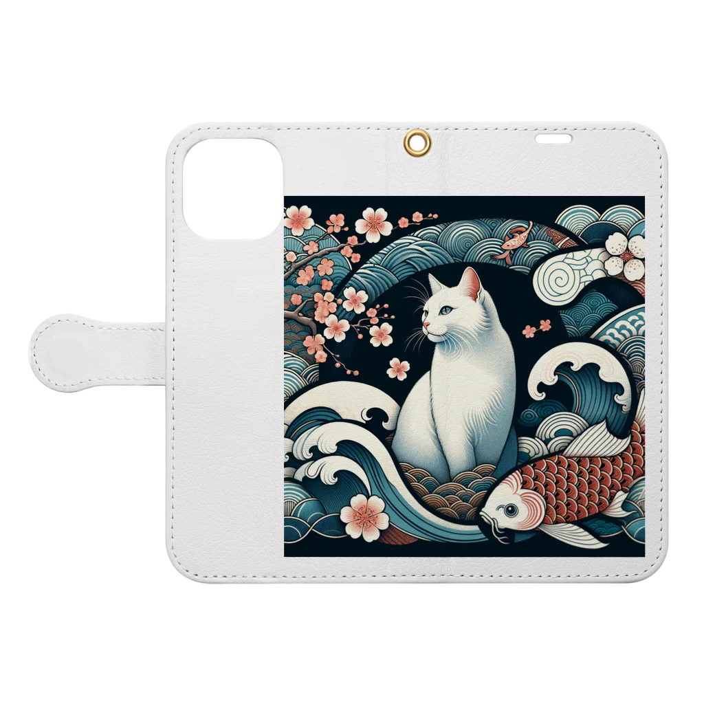 EMAKIの和紋様 x 猫　鯉と桜と波 Book-Style Smartphone Case:Opened (outside)