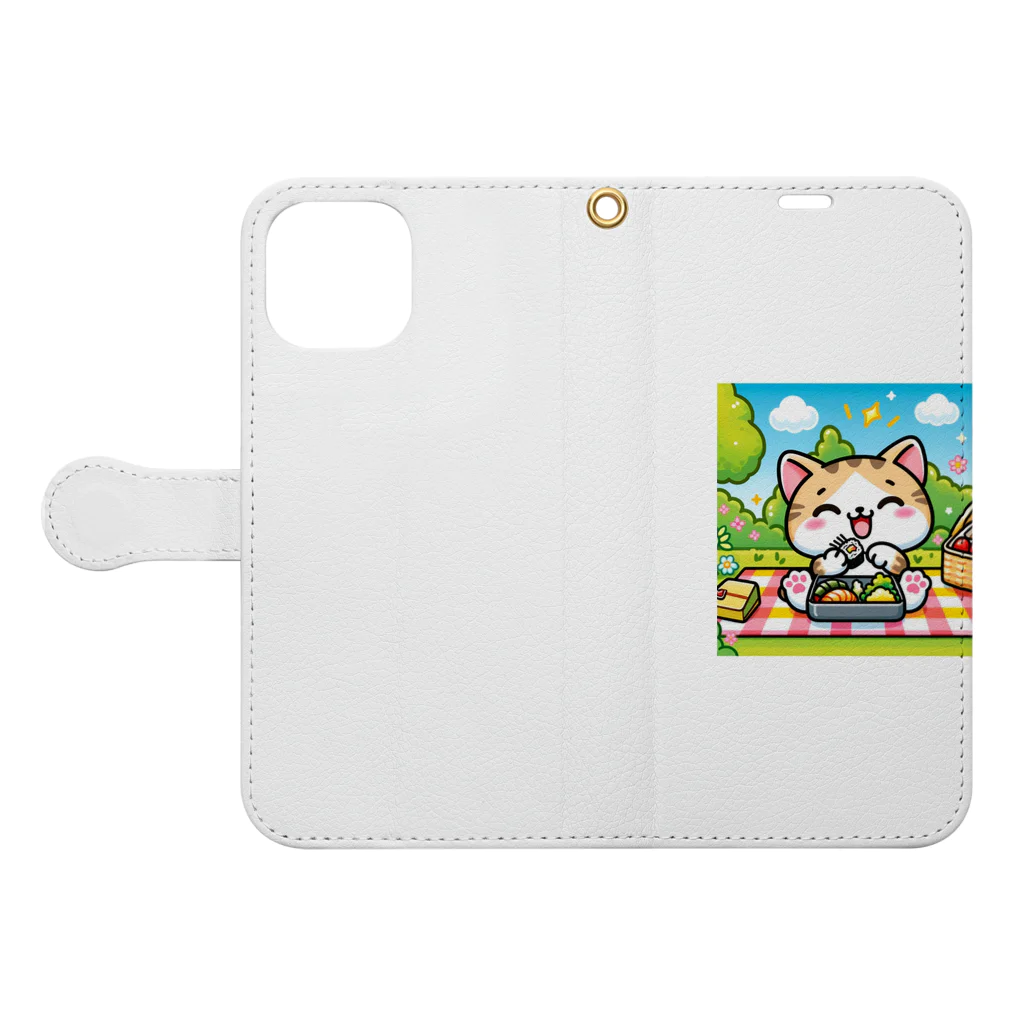 子猫カーニバルの遠足の楽しいお弁当タイム Book-Style Smartphone Case:Opened (outside)