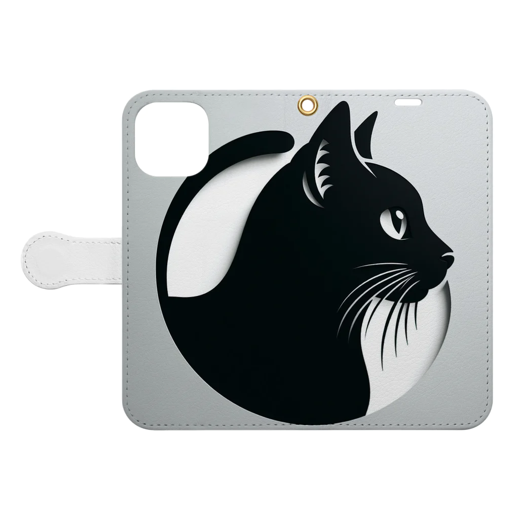 luna_neroのGatto＊黒猫の切り絵風デザイン 手帳型スマホケースを開いた場合(外側)