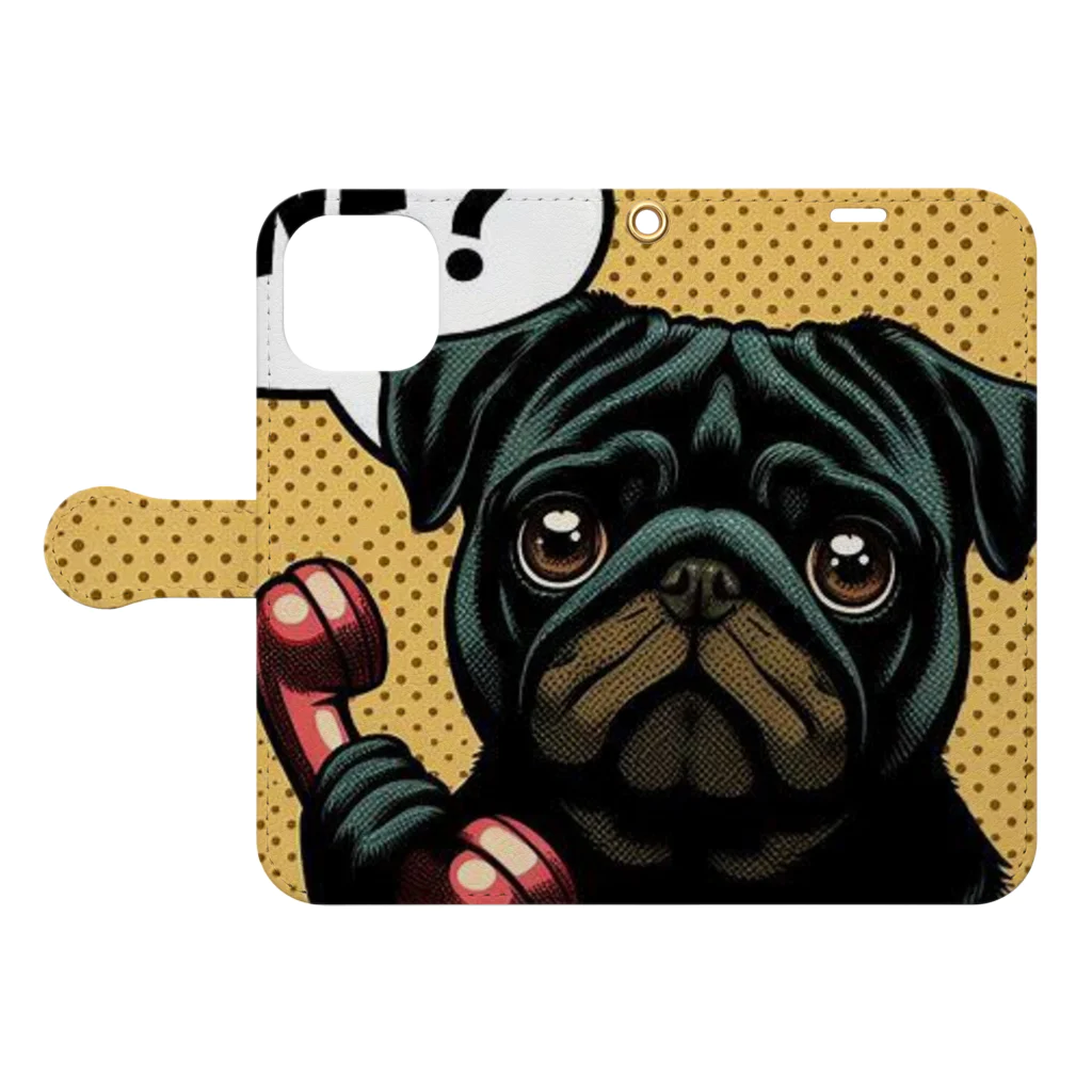 黒パグ🖤Black Pug laboratory🖤のONE? Pug series 手帳型スマホケースを開いた場合(外側)