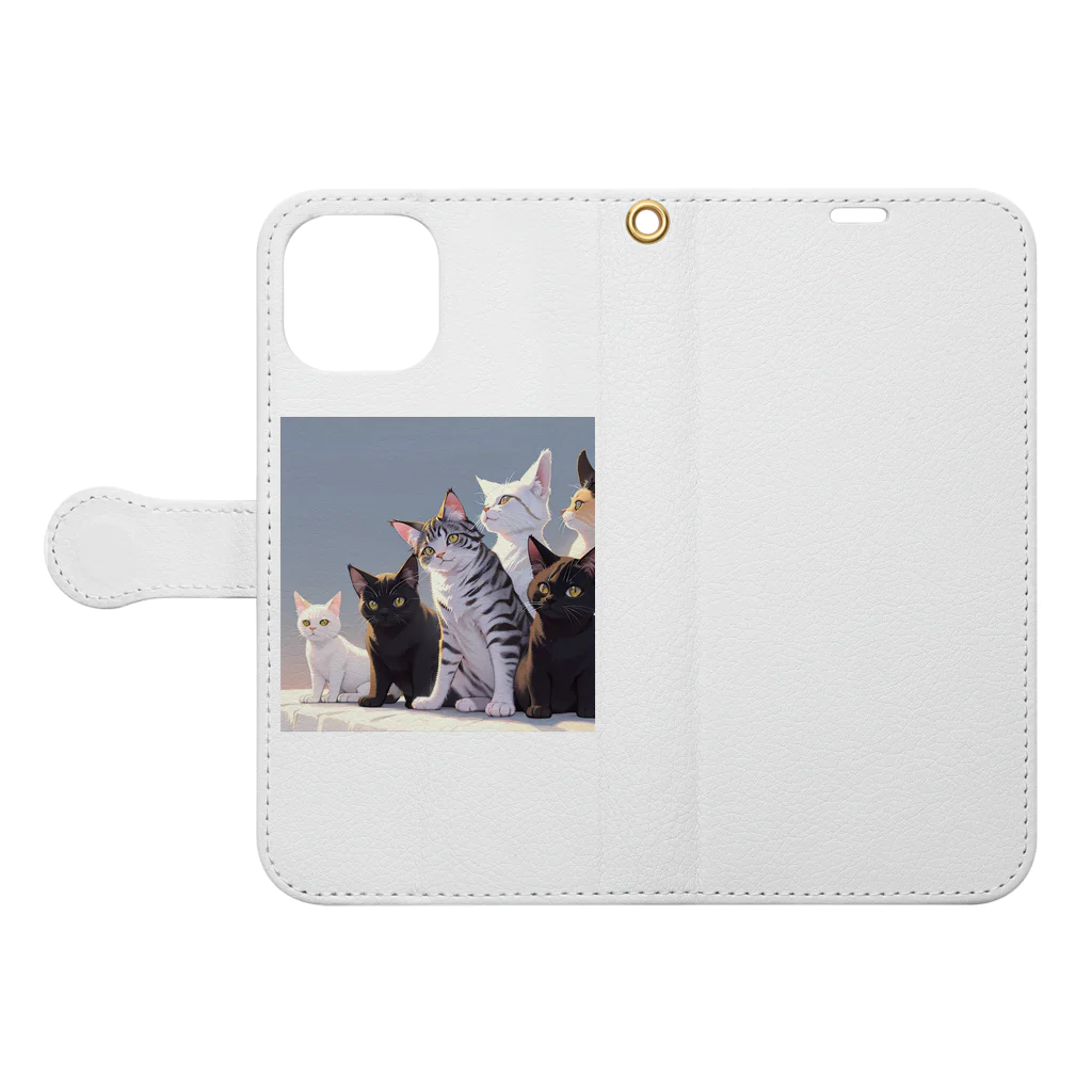 ピンクリボンのねこねこねこ Book-Style Smartphone Case:Opened (outside)