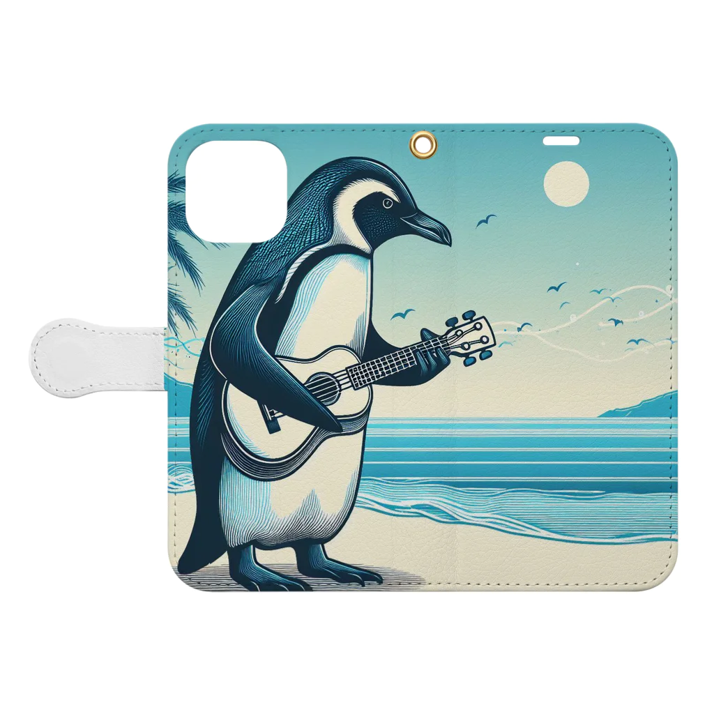 Green__teaのPenguinとウクレレ Book-Style Smartphone Case:Opened (outside)