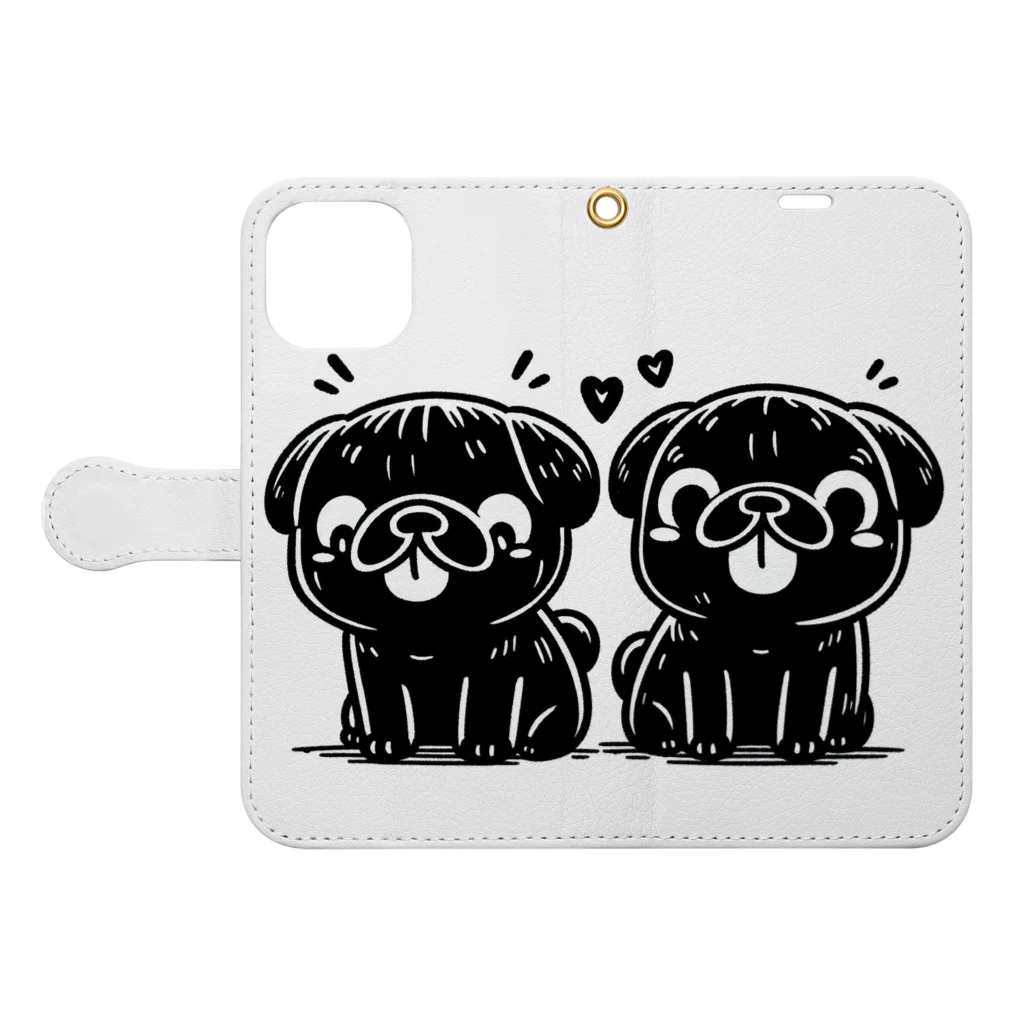 ブヒーズのtwin pug 手帳型スマホケースを開いた場合(外側)