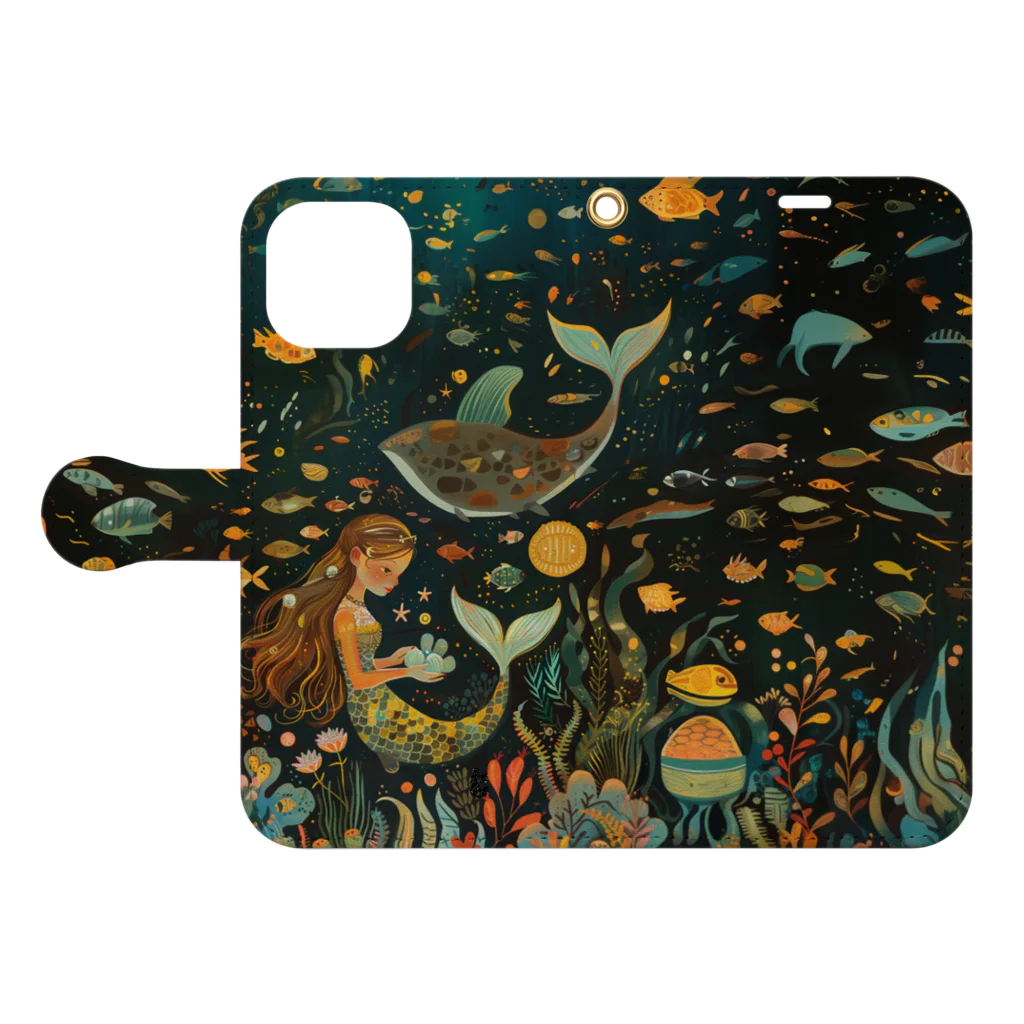 人魚堂の宝石を眺める人魚の手帳型スマホケース Notebook phone case of a mermaid gazing at jewels. 手帳型スマホケースを開いた場合(外側)