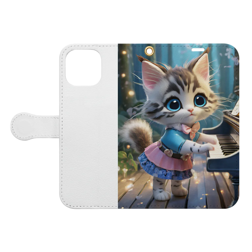 ねこねこねこんの猫とピアノ Book-Style Smartphone Case:Opened (outside)