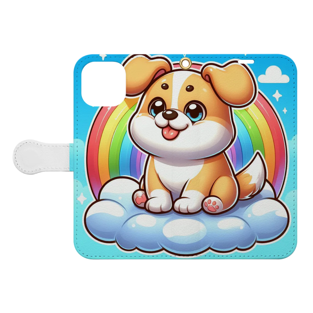 Minoyaの雲に乗った犬 手帳型スマホケースを開いた場合(外側)