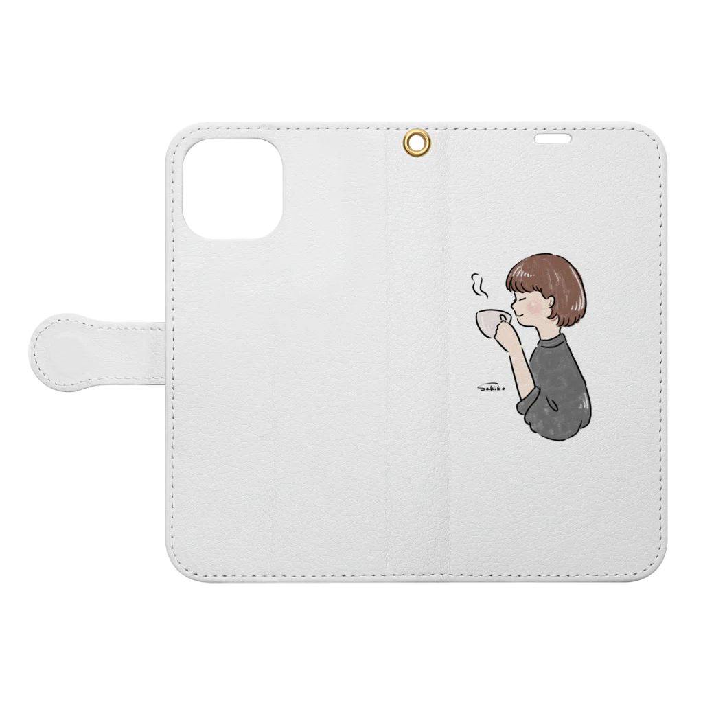 Sakikoのほっとひと息つく女の子　グレー Book-Style Smartphone Case:Opened (outside)