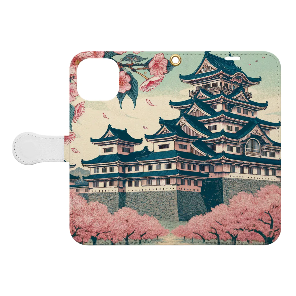 Cool Japanese CultureのSpring in Himeji, Japan: Ukiyoe depictions of cherry blossoms and Himeji Castle Book-Style Smartphone Case:Opened (outside)